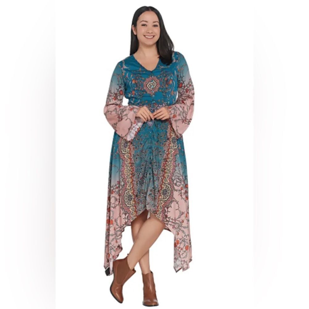 Tolani Collection Asymmetric Hem Button Front Printed Dress‎